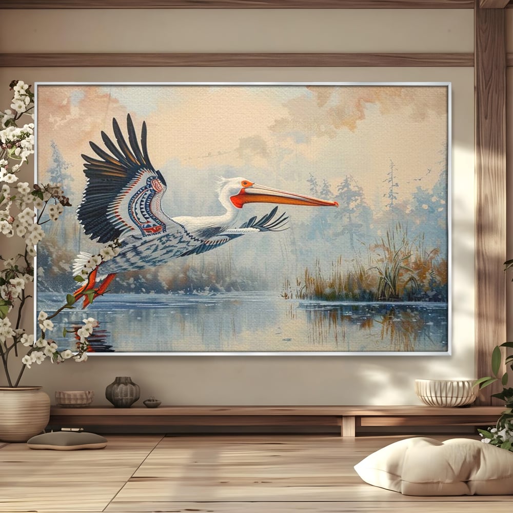 Tablou canvas cu tablou canvas cu pelican in zbor, in rama de aluminiu argintiu